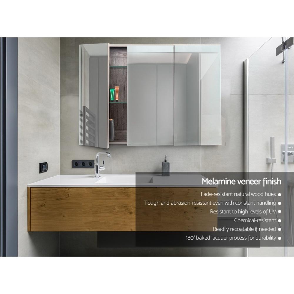 Cefito Bathroom Mirror Cabinet with three full-height mirrors and natural finish, showcasing adjustable glass shelves and soft-closing hinges.